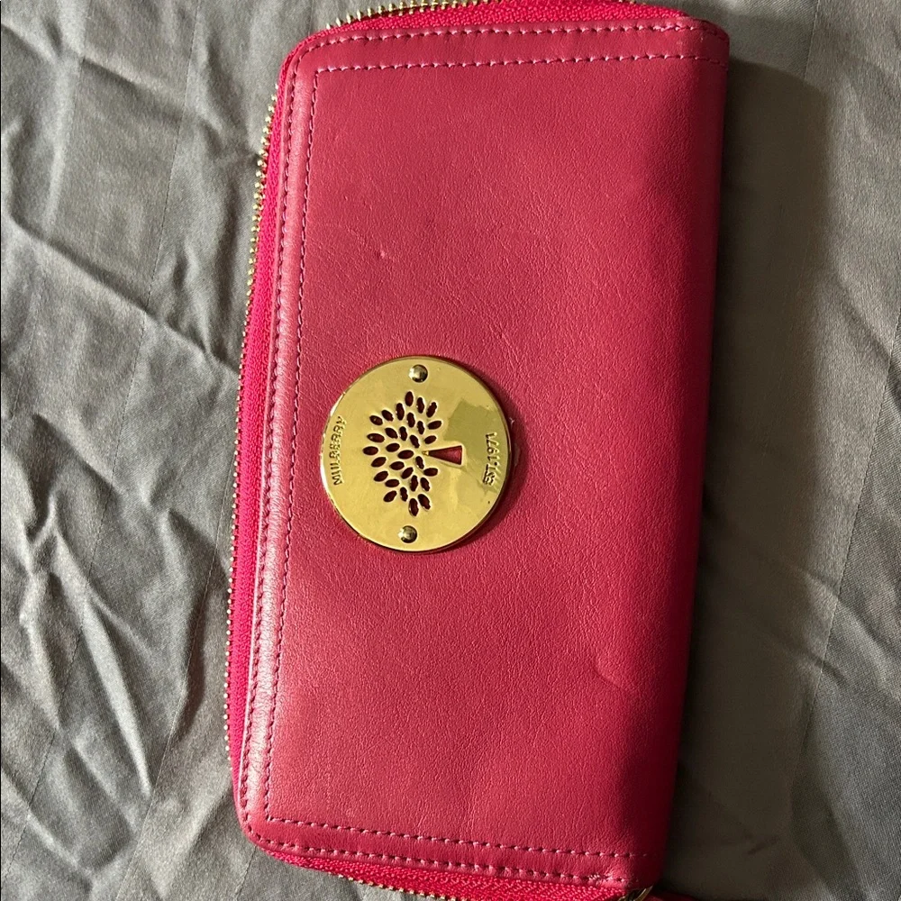 Mulberry Pink Zip-Around Wallet with Gold Tree Emblem